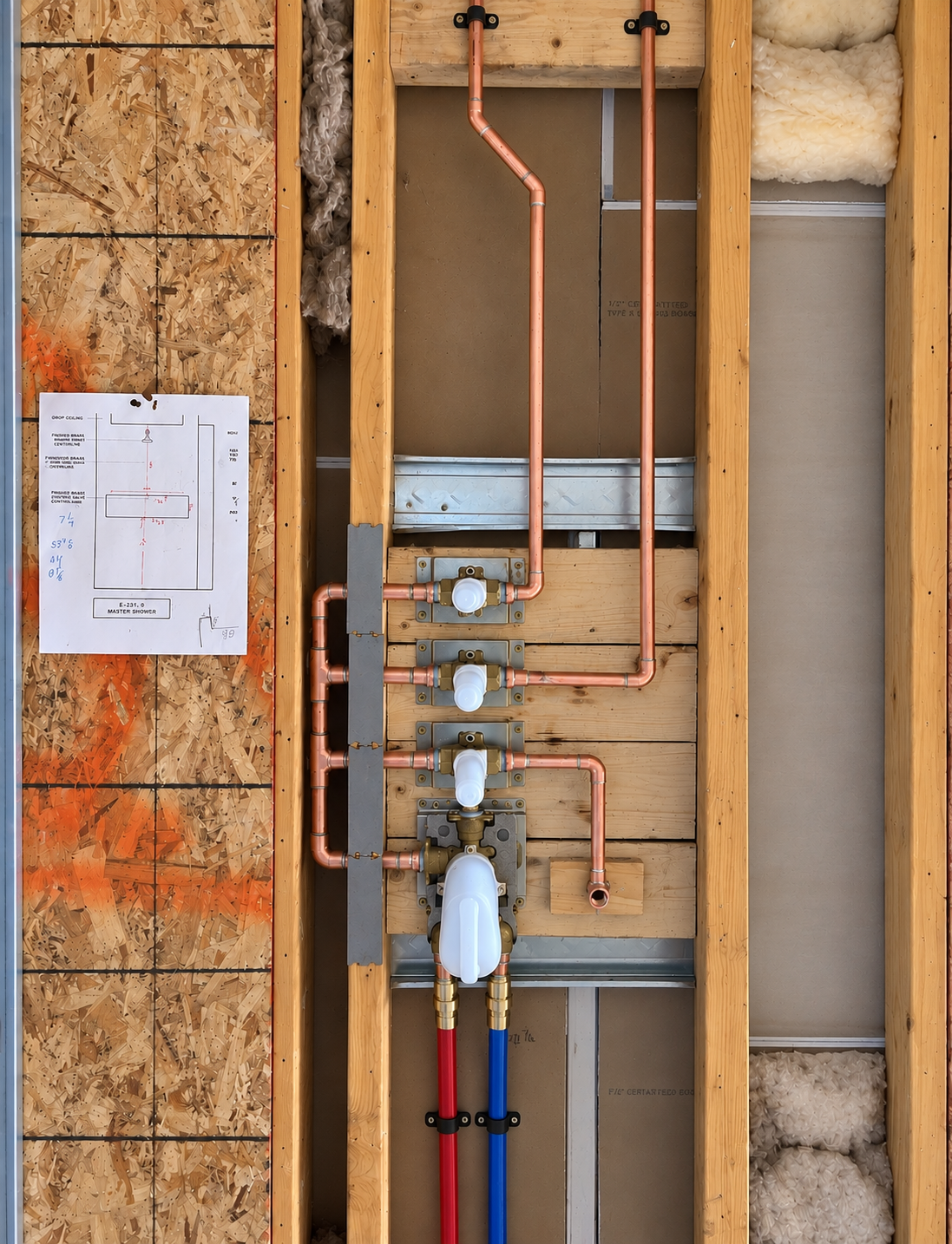 Fixture rough-in with copper lines and valve bodies in wall framing