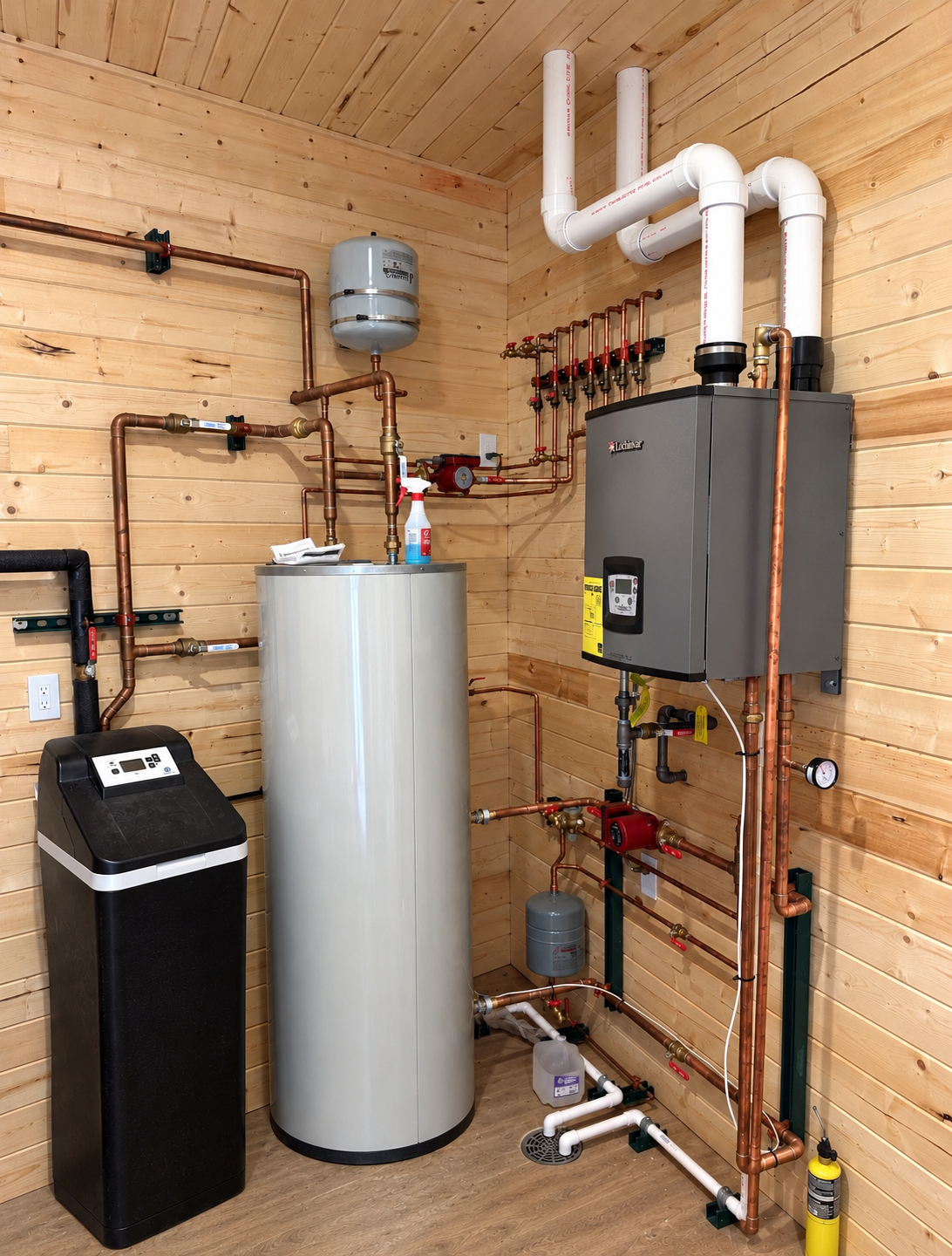 Mechanical room with water heater, boiler, and copper piping on wood walls