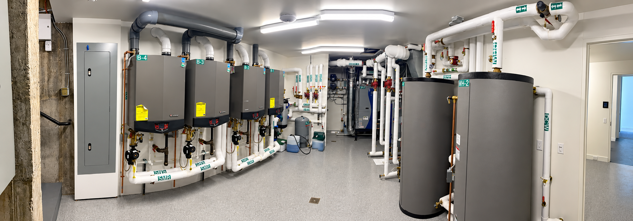 Finished mechanical room with organized plumbing and heating systems