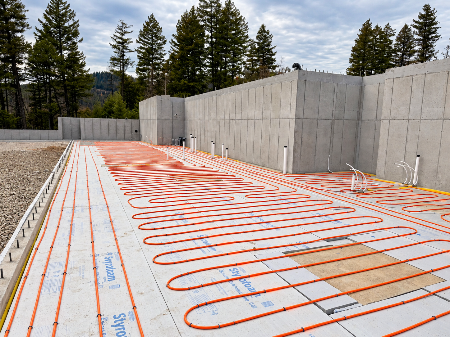 Radiant floor heating tubing installed on a new construction slab